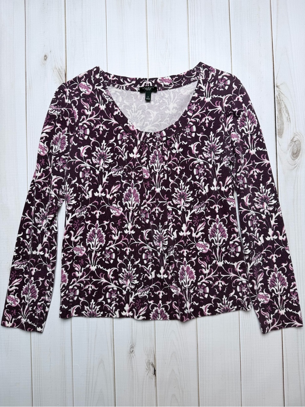 Talbots Floral Damask Print Scoop Neck Long Sleeve Tee Top
